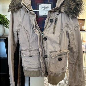 Abercrombie & Fitch Beige Coat with Faux Fur Trim